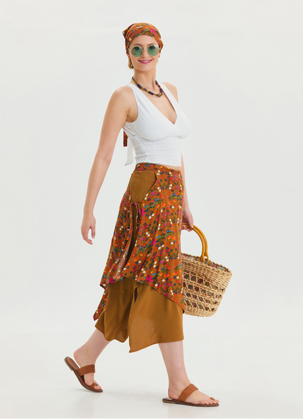 Mustard Bohemian Skirt with Elastic Waist and Tie Detail 4520
